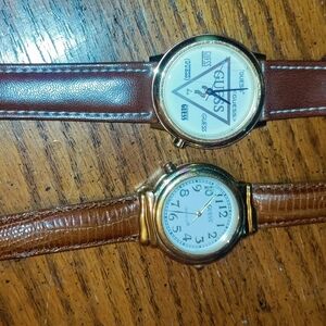 Guess Gold Watches with Brown Leather Straps